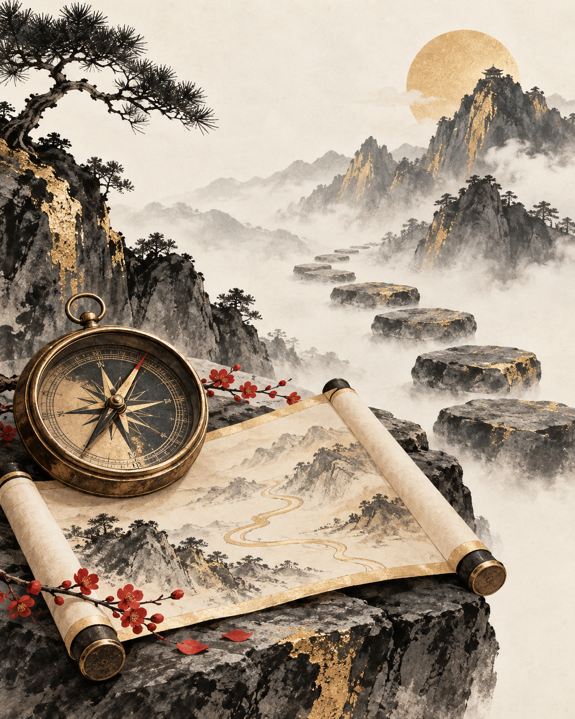 罗盘与山路的水墨插图