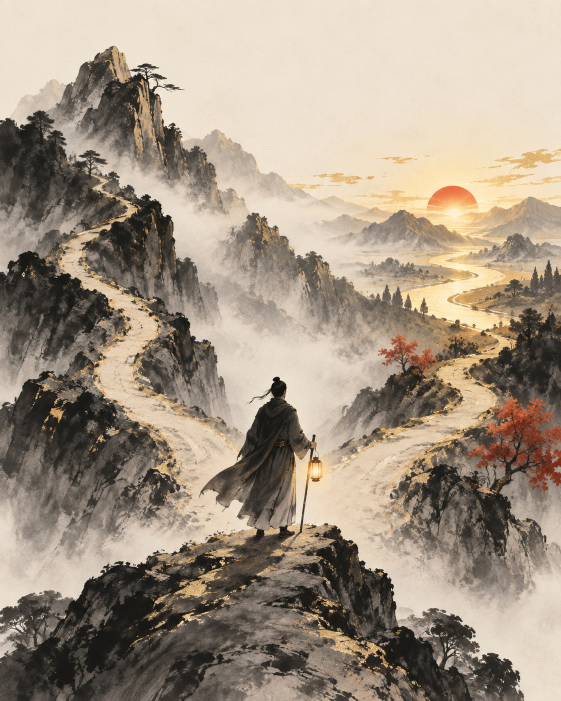 山路与远方的水墨插图