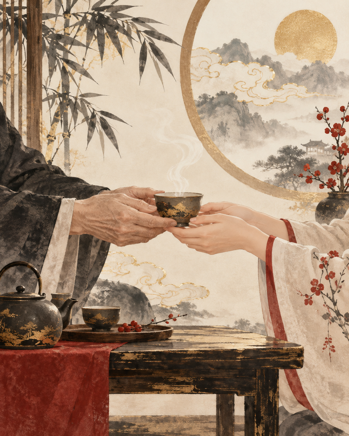 两人递茶的水墨插图