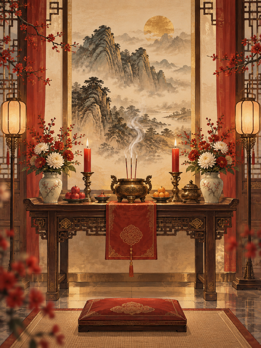 香火与山水的水墨插图